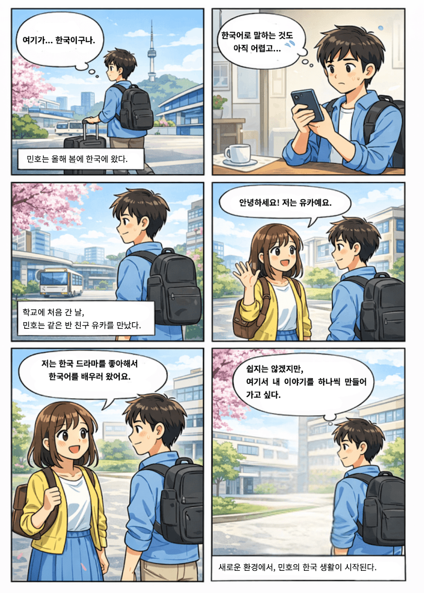 민호가 한국에 와서 유카를 만나는 6컷 만화