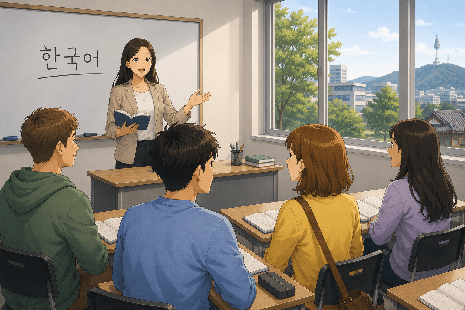 한국어 수업 첫날, 민호와 유카를 비롯한 외국인 학생들이 한국어 교실에서 처음 만나는 모습